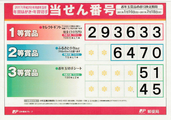 17年 平成29年 年賀状 年賀葉書 年賀はがき 当選番号はこれ 金券ショップチケットプラザ多治見店