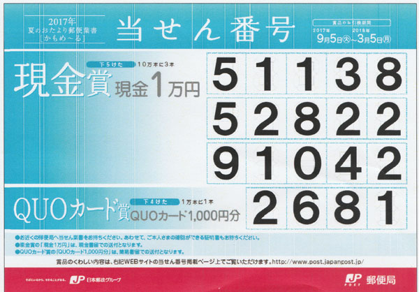 17年 平成29年 かもめーる 夏のお便り葉書 当選番号はこれ 金券ショップチケットプラザ多治見店